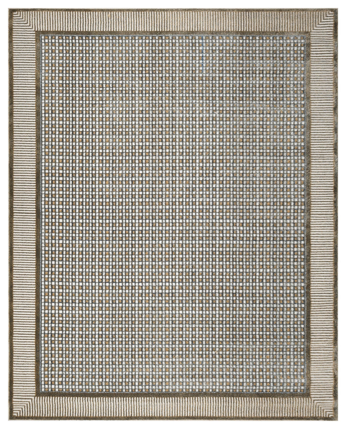 Rectangular rug with a tight beige and gray grid pattern, brown specks, and a layered striped border in neutral tones.