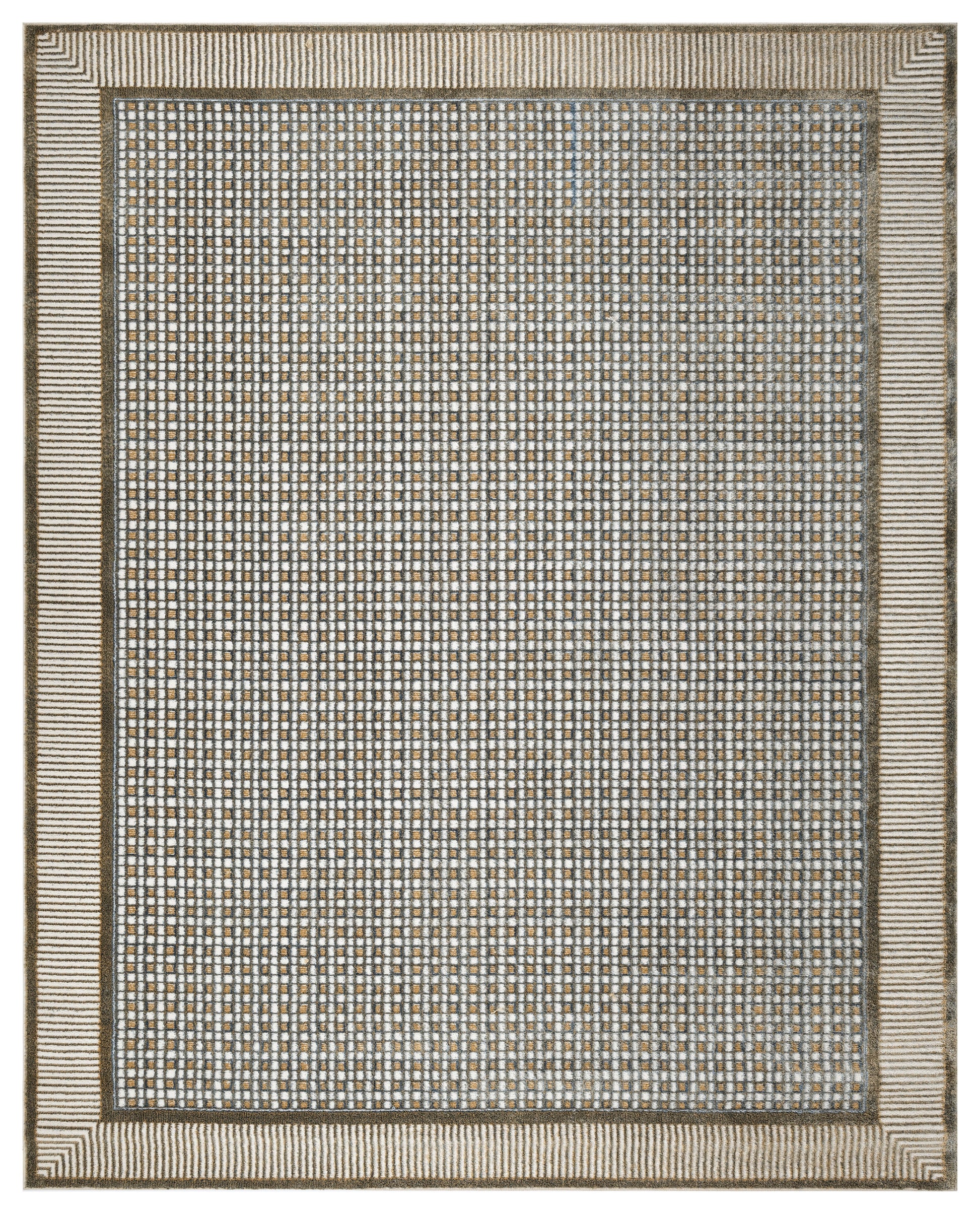 Rectangular rug with a tight beige and gray grid pattern, brown specks, and a layered striped border in neutral tones.