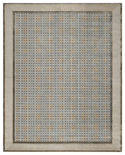 Rectangular rug with a tight beige and gray grid pattern, brown specks, and a layered striped border in neutral tones.