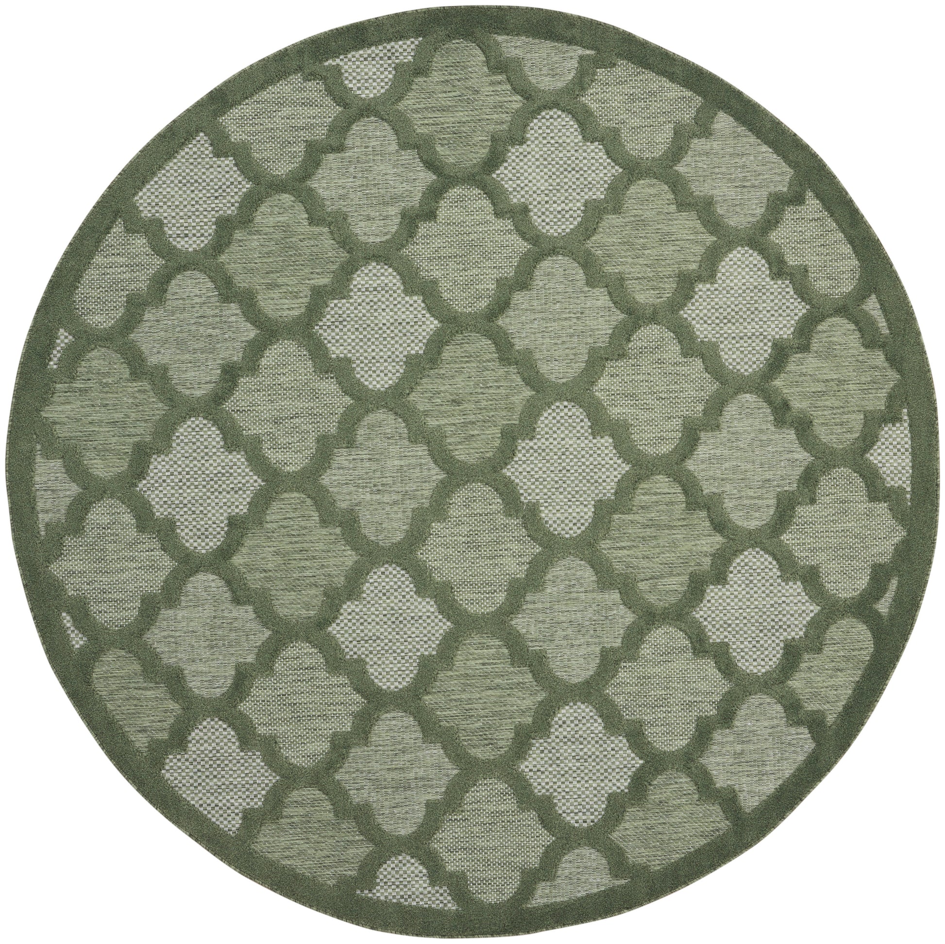 Round rug with olive-green trellis lattice on pale sage background.