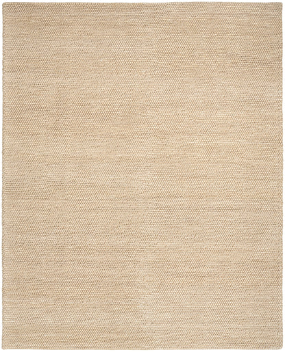 Beige woven natural-fiber rug with tiny pebble texture.