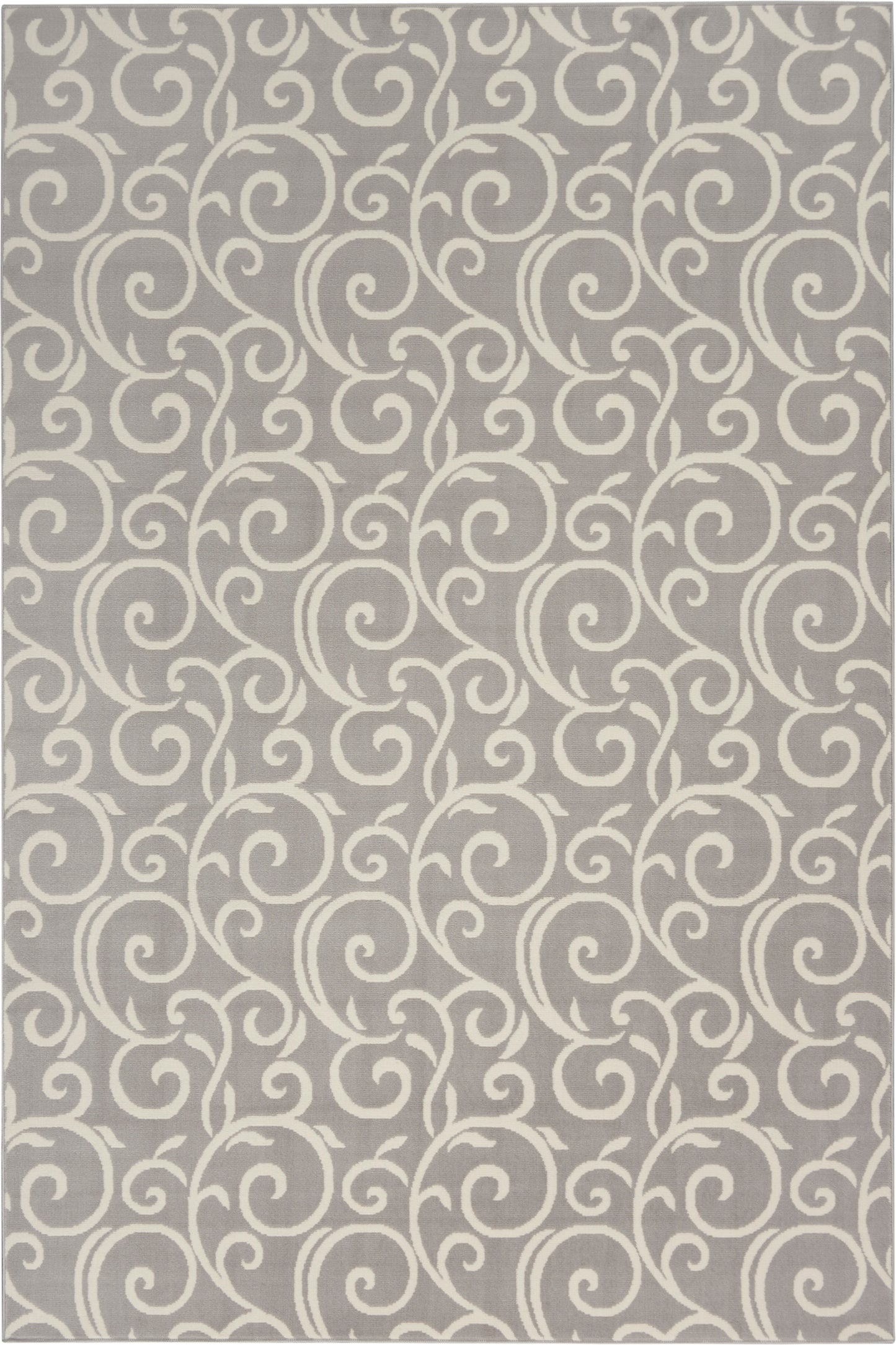 Gray rug with cream swirling scroll pattern throughout.