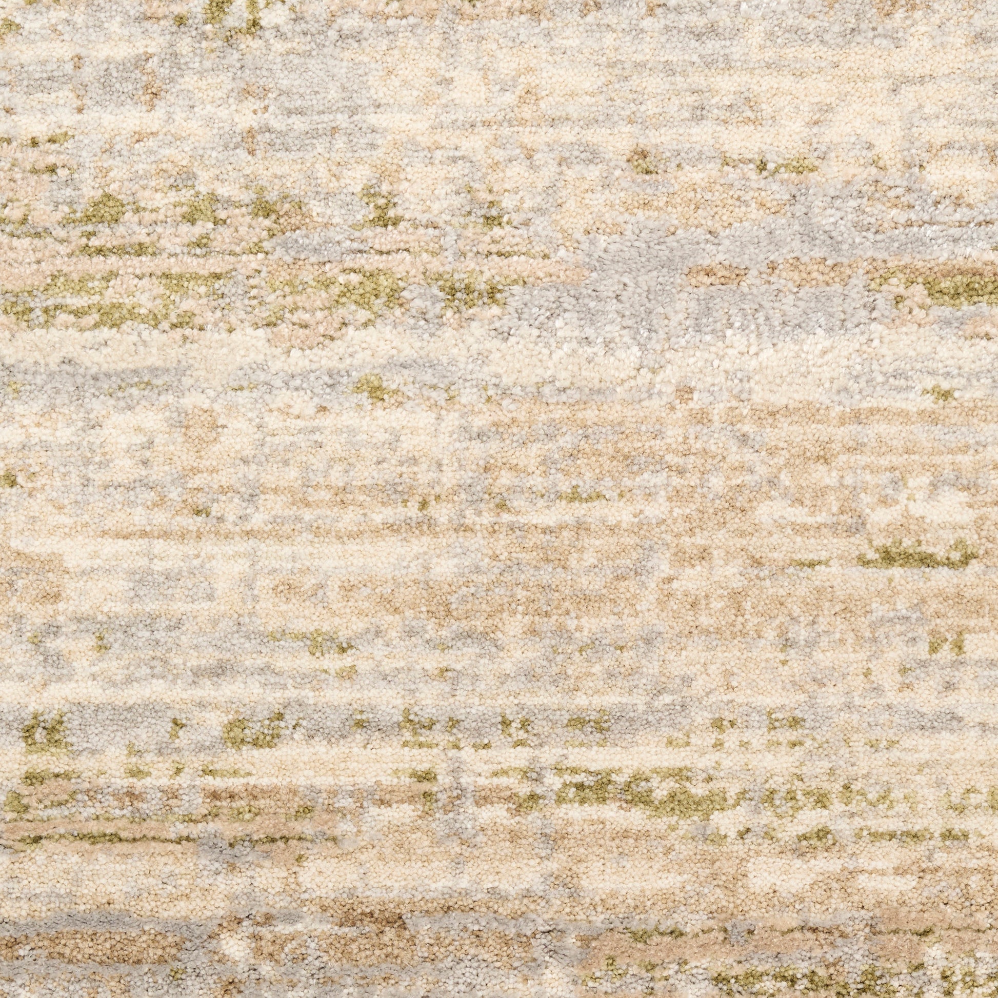 Neutral abstract area rug with beige, cream, gray, and sage green tones in a textured, mottled pattern.