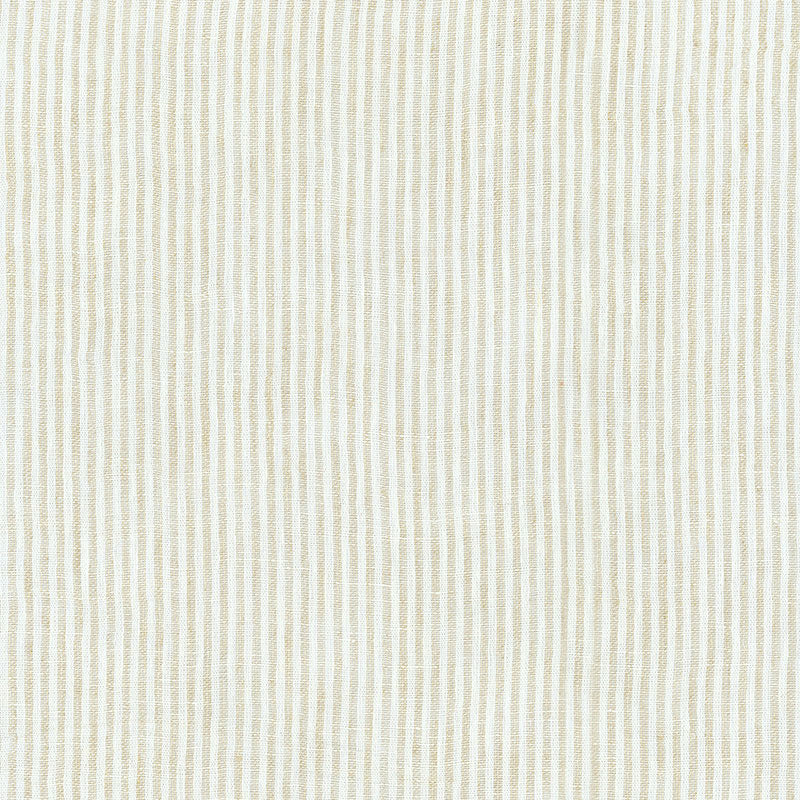 Beige linen-like fabric with narrow vertical cream stripes and subtle texture.