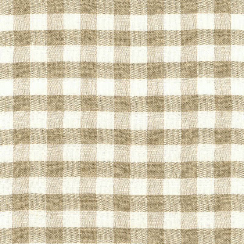 Beige and white gingham fabric with a classic checkered pattern; lightweight linen look.