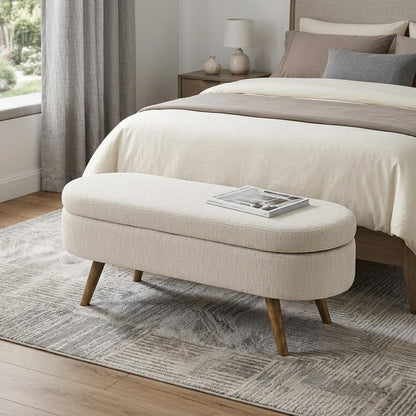 44" Beige and Brown Linen Upholstered Storage Bench with Flip Top