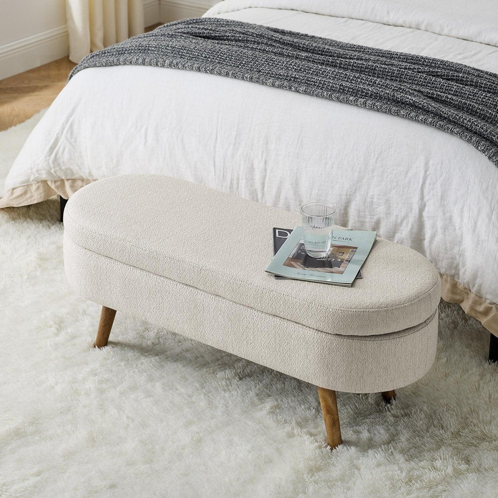44" Beige and Brown Linen Upholstered Storage Bench with Flip Top