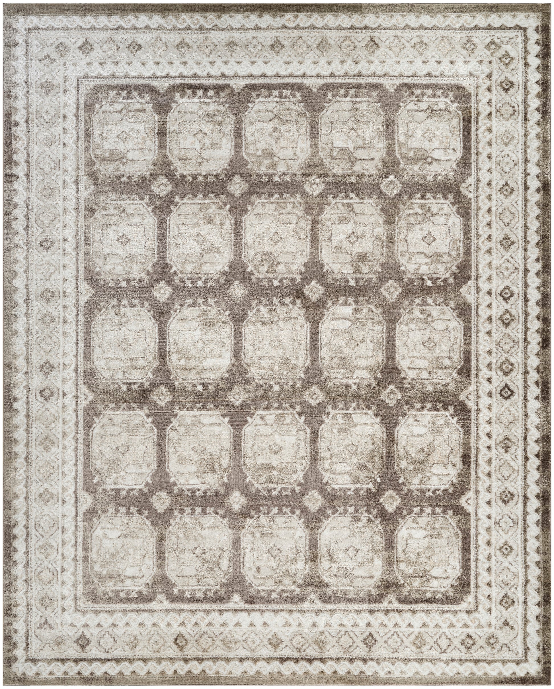 Traditional beige-brown rug with a grid of square medallions and an ornate border; distressed neutral tones for living room.