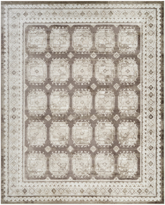 Traditional beige-brown rug with a grid of square medallions and an ornate border; distressed neutral tones for living room.