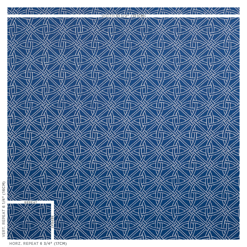 Navy blue fabric with a white interlaced geometric knot pattern, a repeating Celtic-inspired motif.