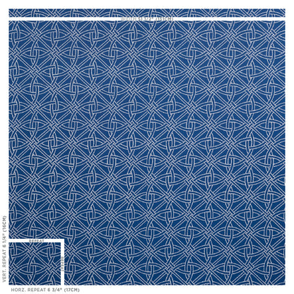 Navy blue fabric with a white interlaced geometric knot pattern, a repeating Celtic-inspired motif.