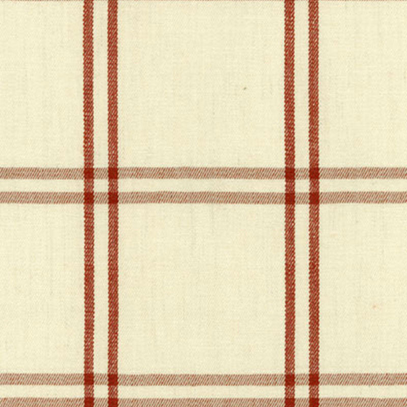 Cream woven plaid fabric with red-brown stripes in a classic check pattern, ideal for upholstery or table linens.