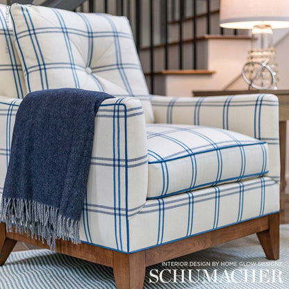 Indigo windowpane plaid fabric swatch.