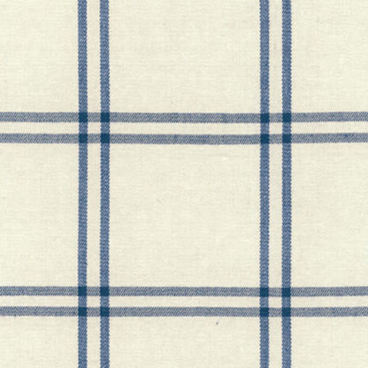 Indigo plaid woven fabric with a check pattern; suitable for shirts or home decor.