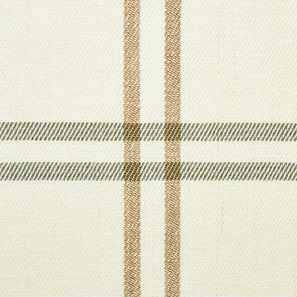 Beige woven fabric featuring a plaid pattern with light brown vertical stripes and gray horizontal bands.