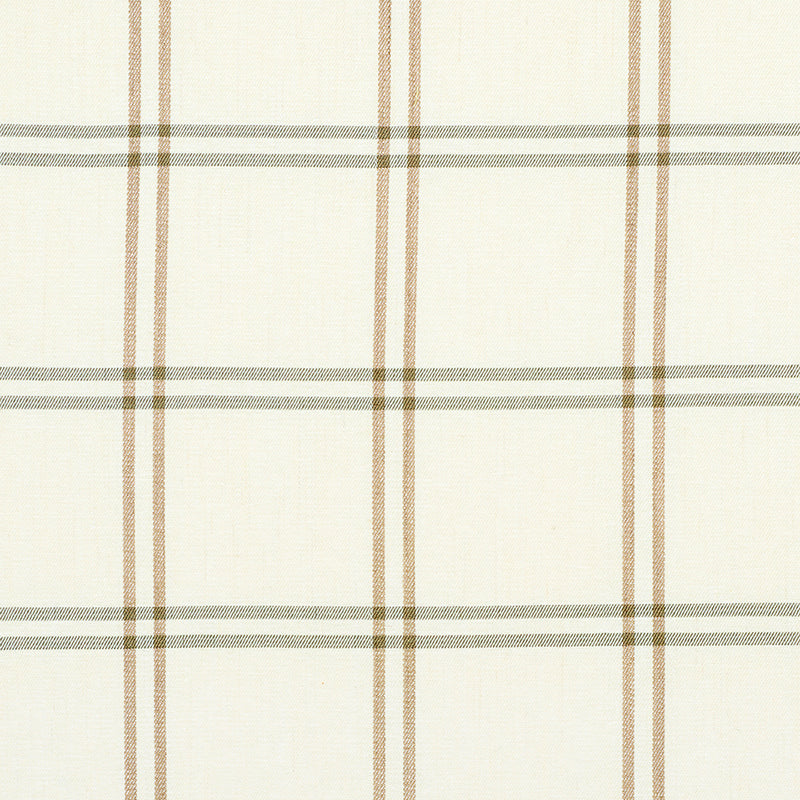 Cream plaid woven fabric with tan and gray stripes in a classic check pattern; versatile for clothing or home decor.