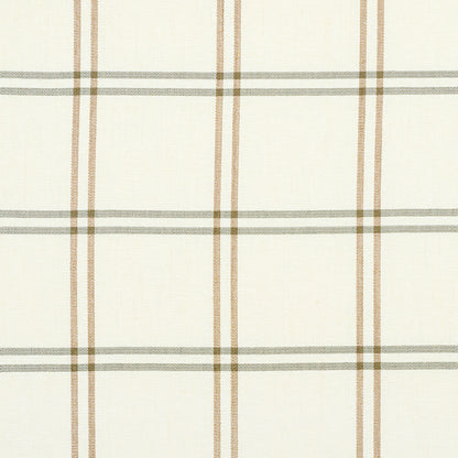 Cream plaid woven fabric with tan and gray stripes in a classic check pattern; versatile for clothing or home decor.