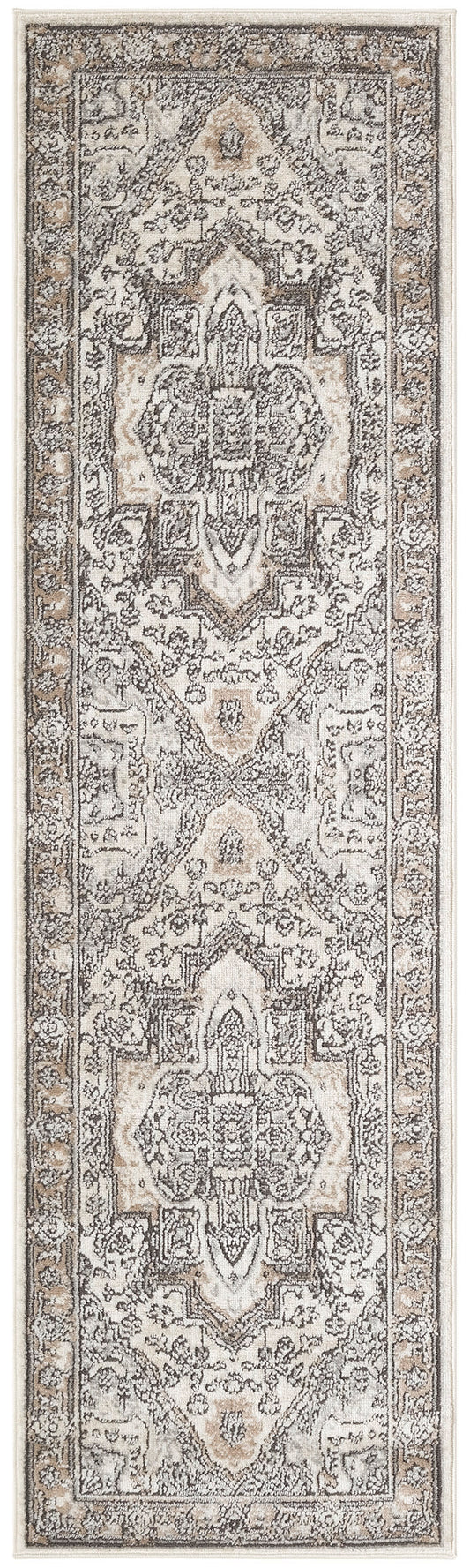 Grey-beige Persian-style runner rug with central medallions and ornate floral borders.