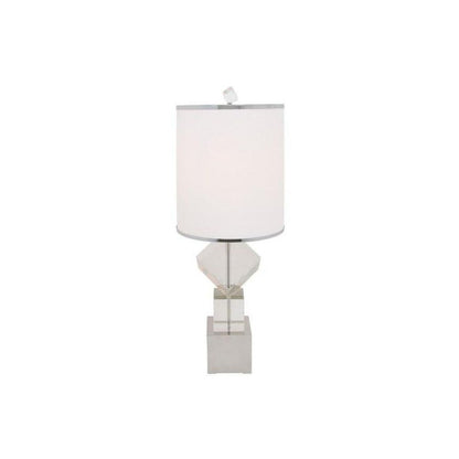 Faux crystal-stem table lamp with clear geometric blocks and a white drum shade.