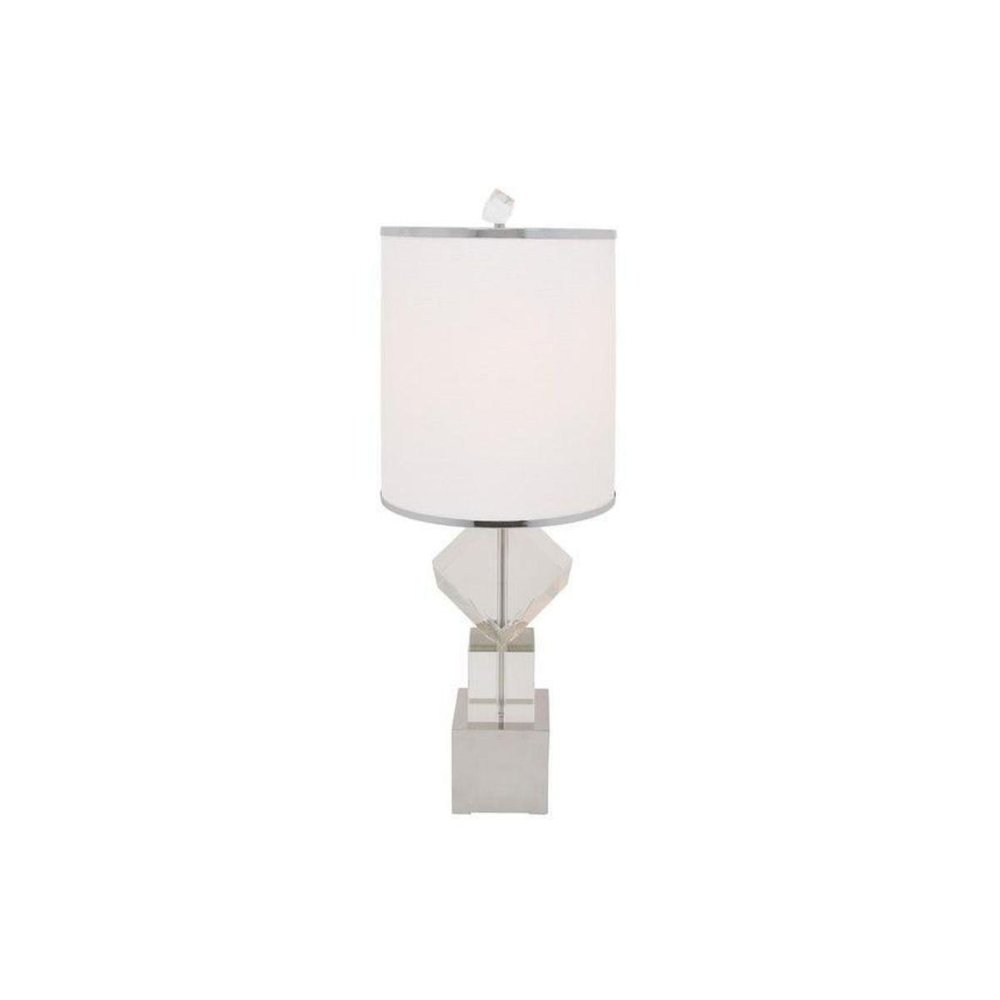 31-inch tall faux crystal geometric table lamp with a white drum shade, LED, in a clear and silver finish