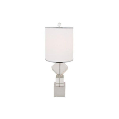 31-inch tall faux crystal geometric table lamp with a white drum shade, LED, in a clear and silver finish