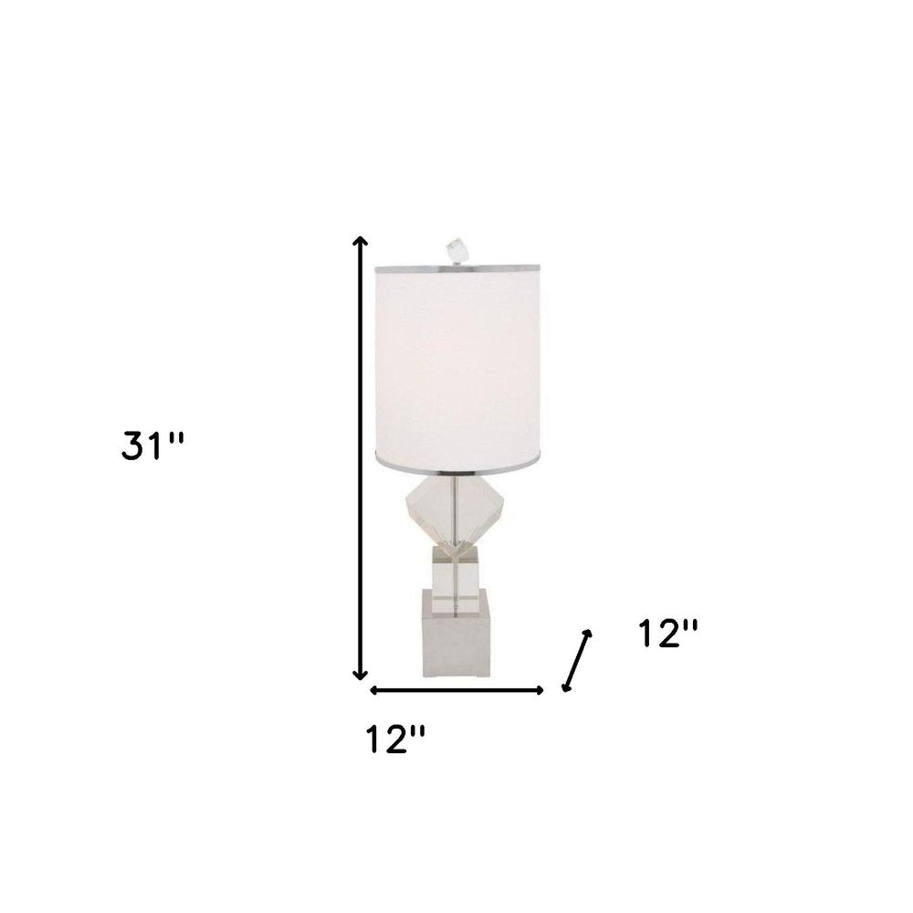 Clear and silver faux crystal geometric table lamp with white drum shade, LED, 31in tall.