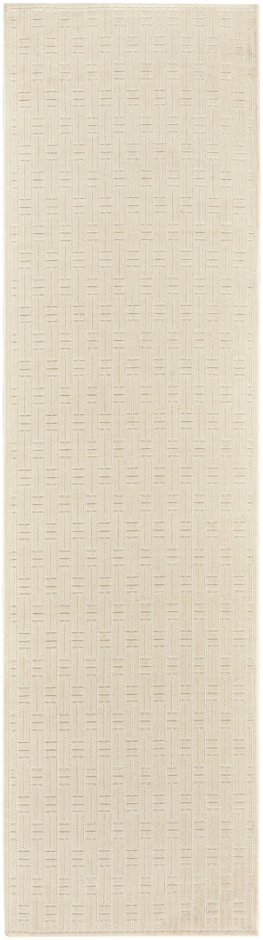 Beige textured rug runner with a subtle vertical geometric pattern; 8' long, neutral-toned.