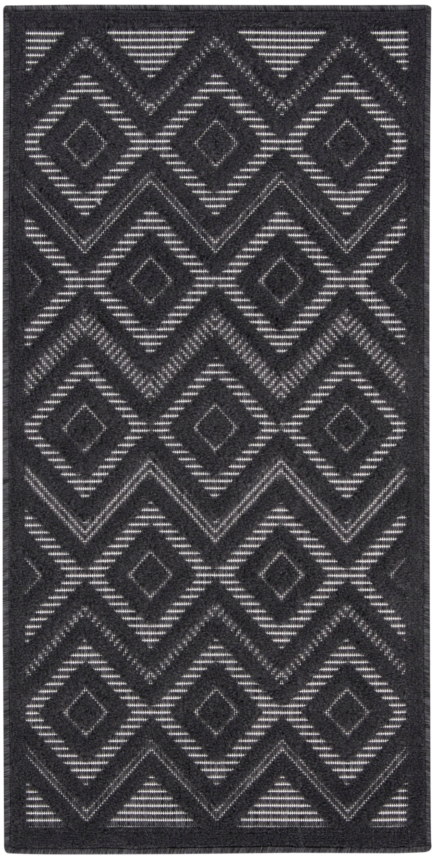 Rectangular charcoal rug with layered diamond and chevron geometric pattern in light gray threads.