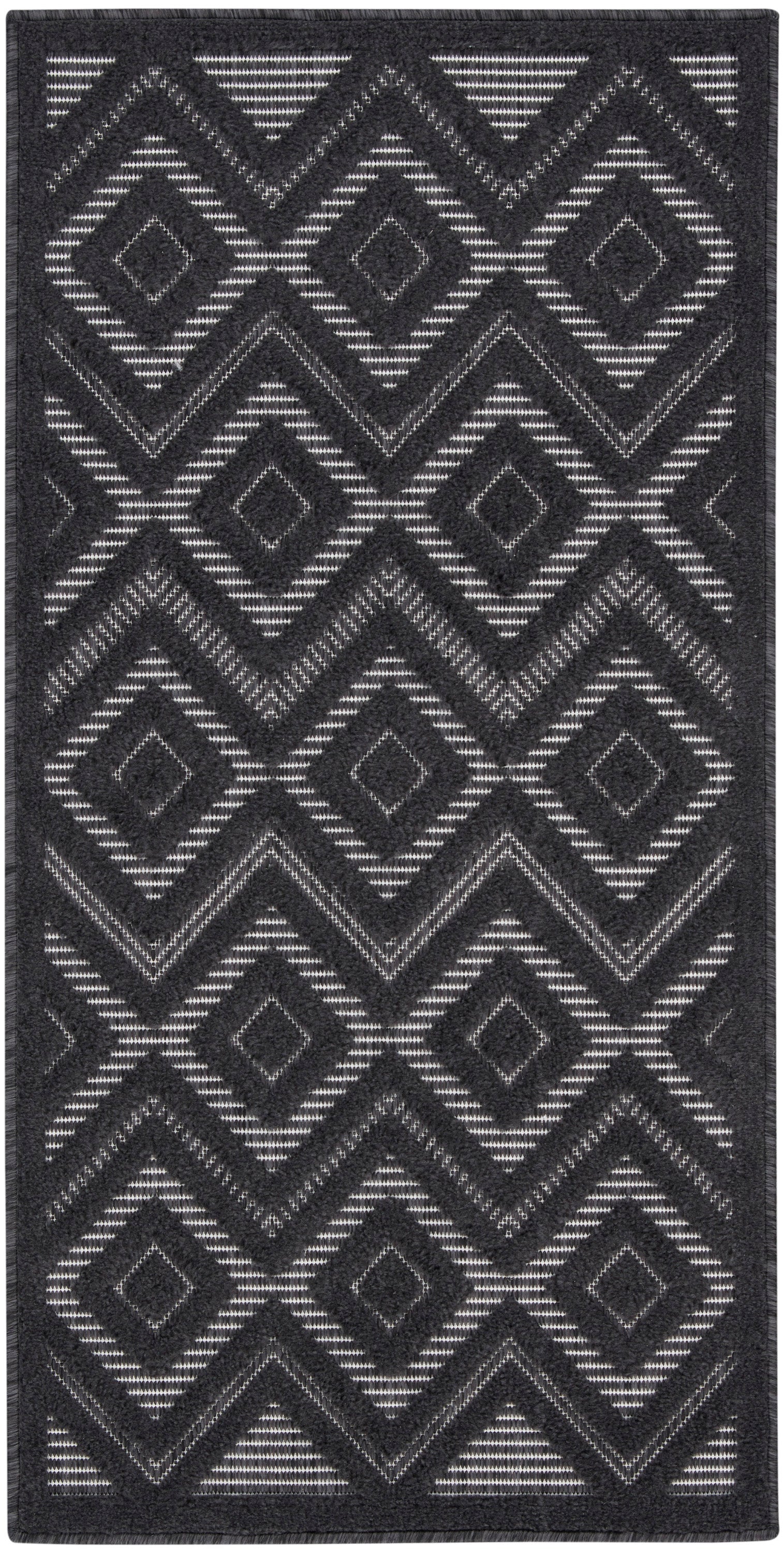 Rectangular charcoal rug with layered diamond and chevron geometric pattern in light gray threads.