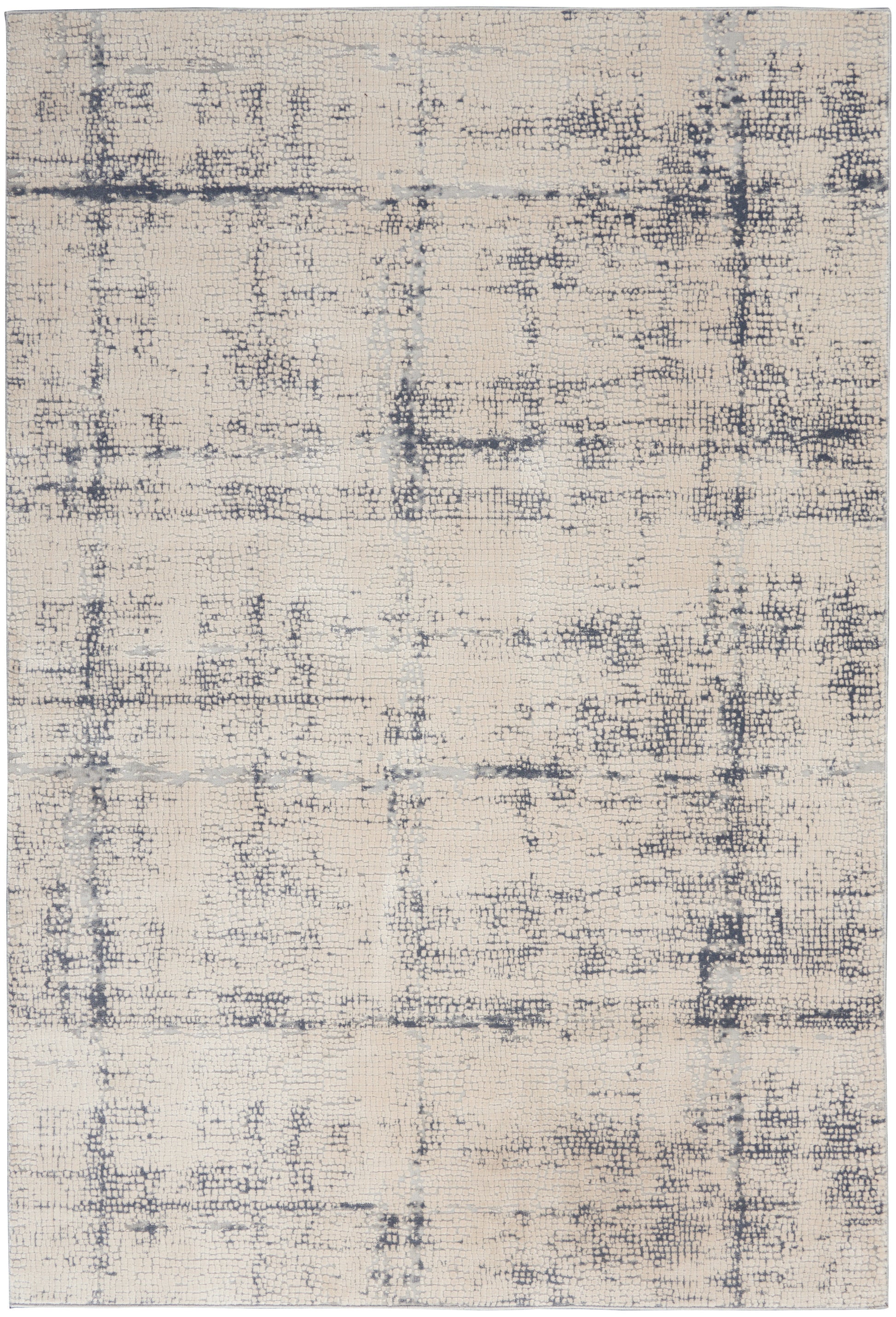 Beige abstract distressed area rug with charcoal grid pattern; rustic low-pile rug.