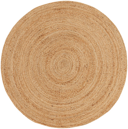 Round natural jute rug with braided concentric circles in beige.