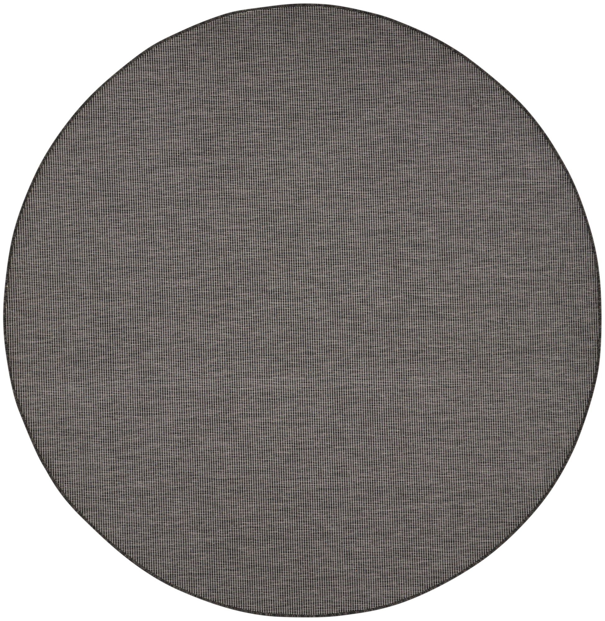 Round grey woven rug with subtle speckled texture, flat-weave style for modern living room decor.