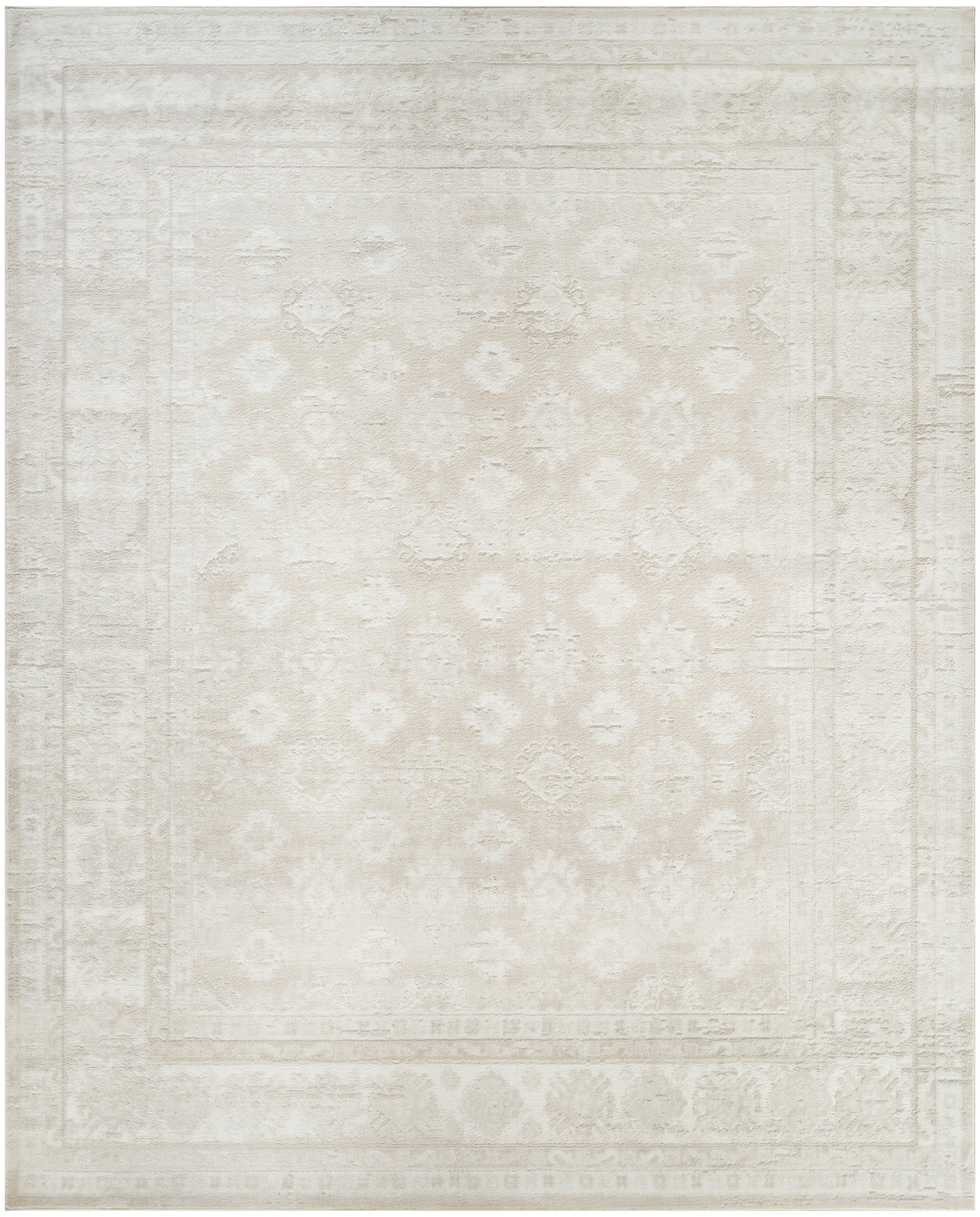 Cream distressed Oriental area rug with pale ivory medallion pattern and faded border; soft neutral decor rug.