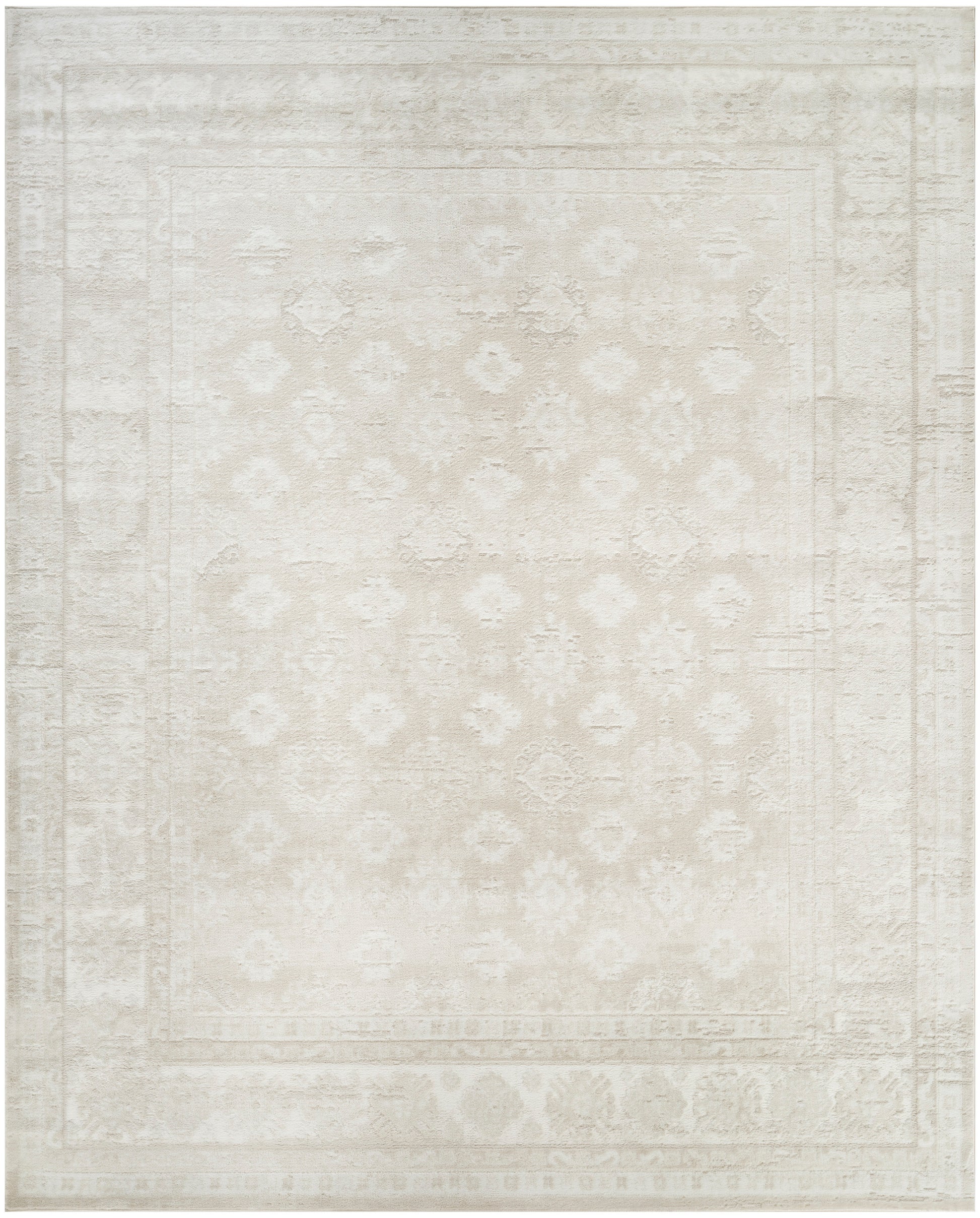 Cream distressed Oriental area rug with pale ivory medallion pattern and faded border; soft neutral decor rug.
