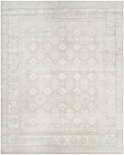 Cream distressed Oriental area rug with pale ivory medallion pattern and faded border; soft neutral decor rug.