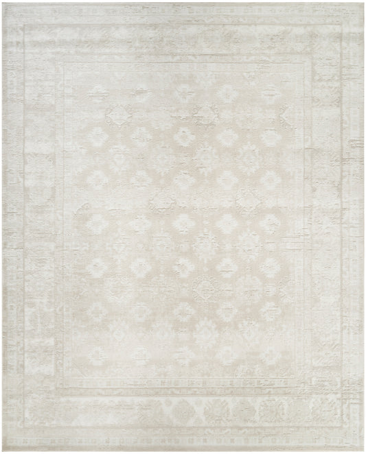 Cream distressed Oriental area rug with pale ivory medallion pattern and faded border; soft neutral decor rug.