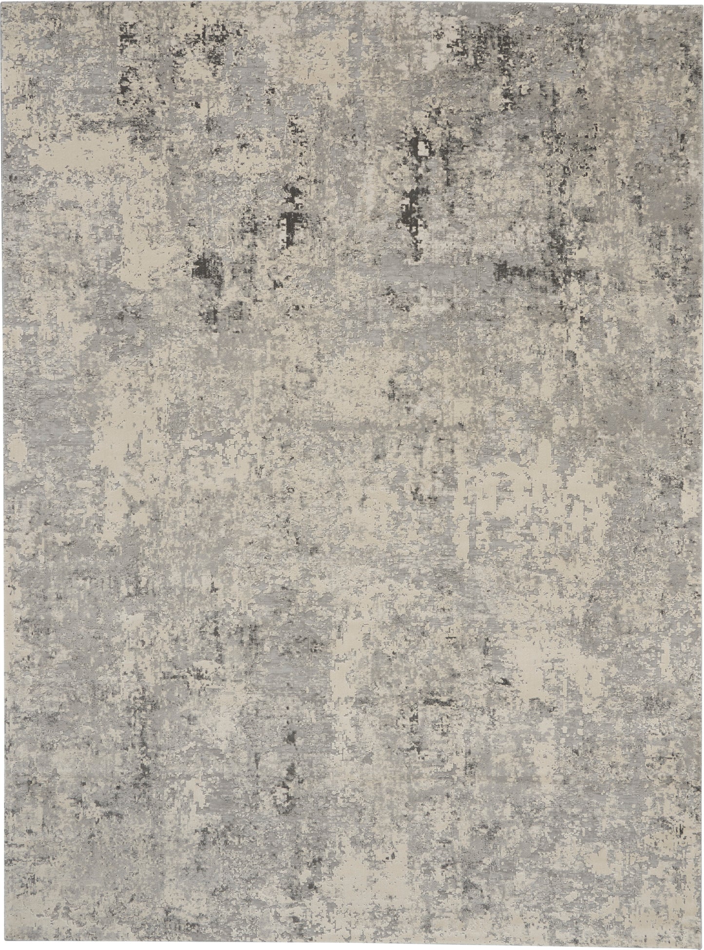 Rectangular area rug in gray and beige with a distressed abstract pattern and modern, muted tones.