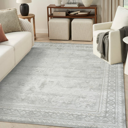 Soft gray-blue patterned area rug with geometric border in a neutral living room with cream sofa.
