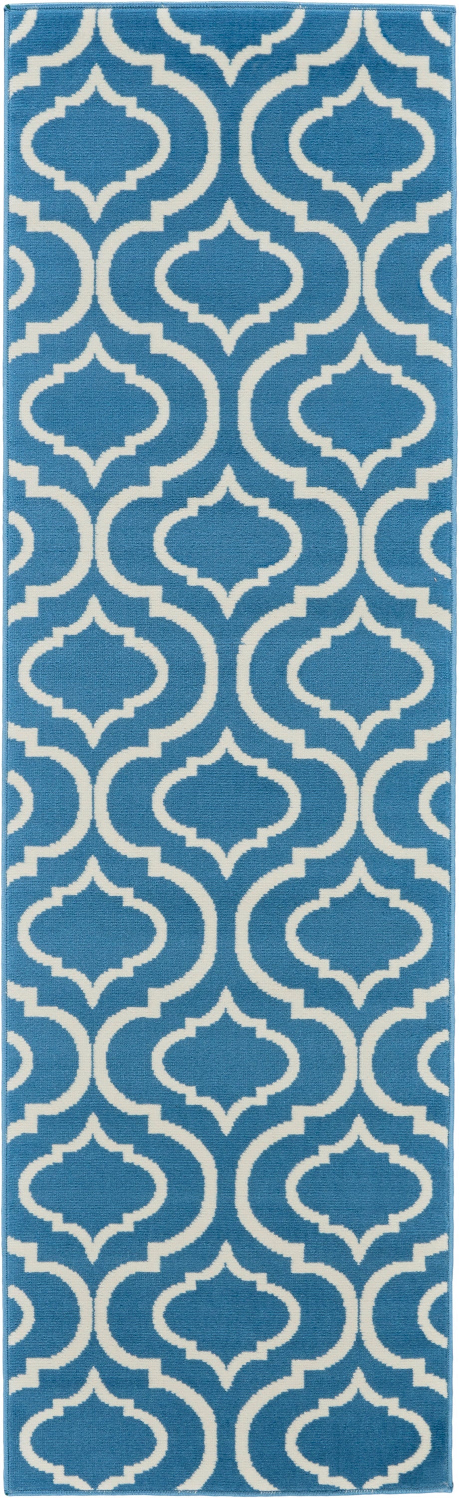 Blue and white runner rug with bold geometric trellis pattern; ideal for hallways or doorways.