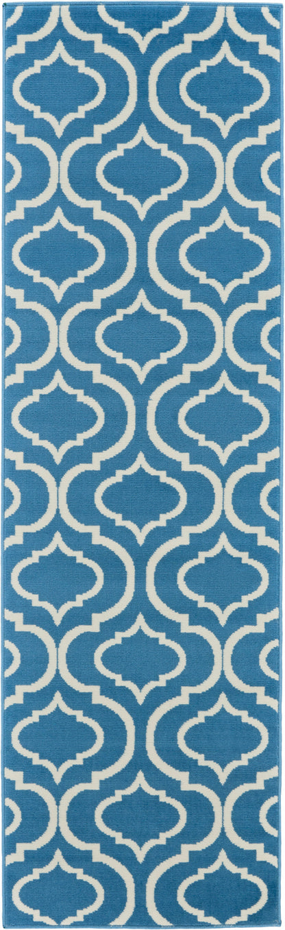 Blue and white runner rug with bold geometric trellis pattern; ideal for hallways or doorways.