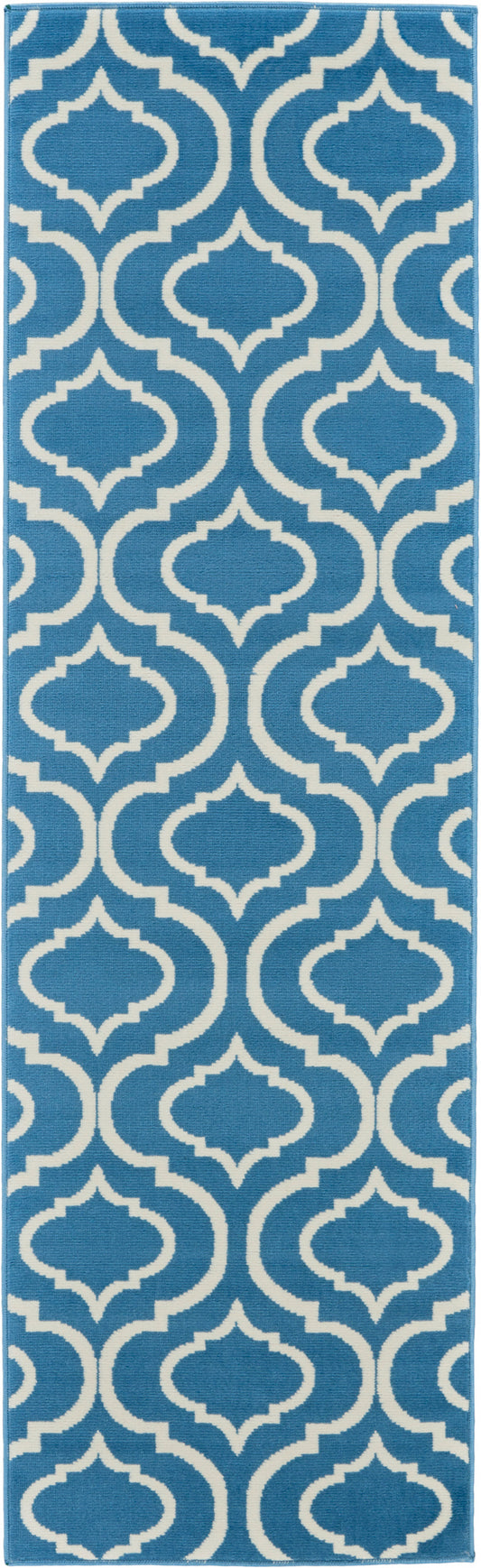 Blue and white runner rug with bold geometric trellis pattern; ideal for hallways or doorways.
