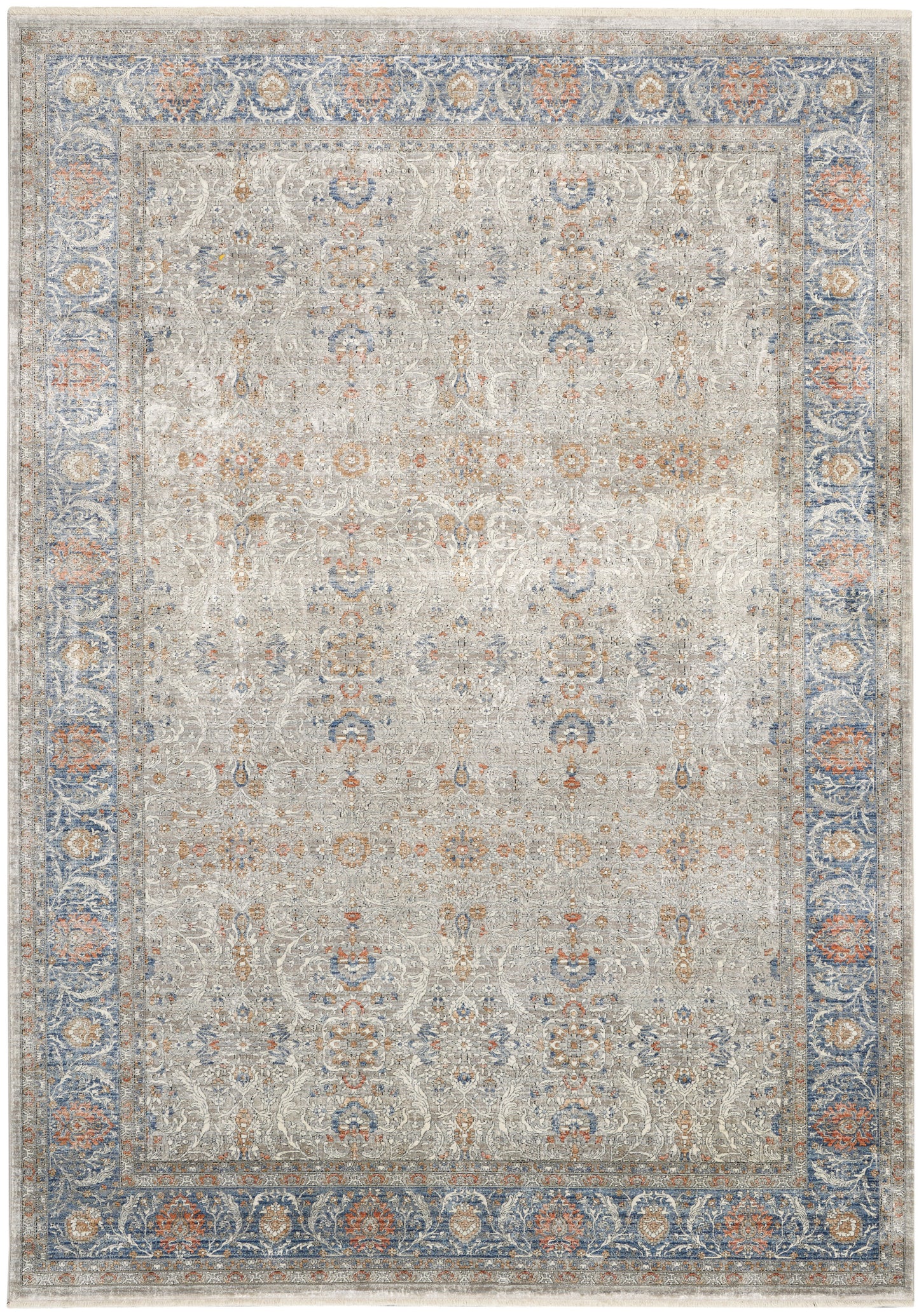 Distressed Persian-inspired area rug with a blue floral border, ivory field and muted orange-blue motifs.