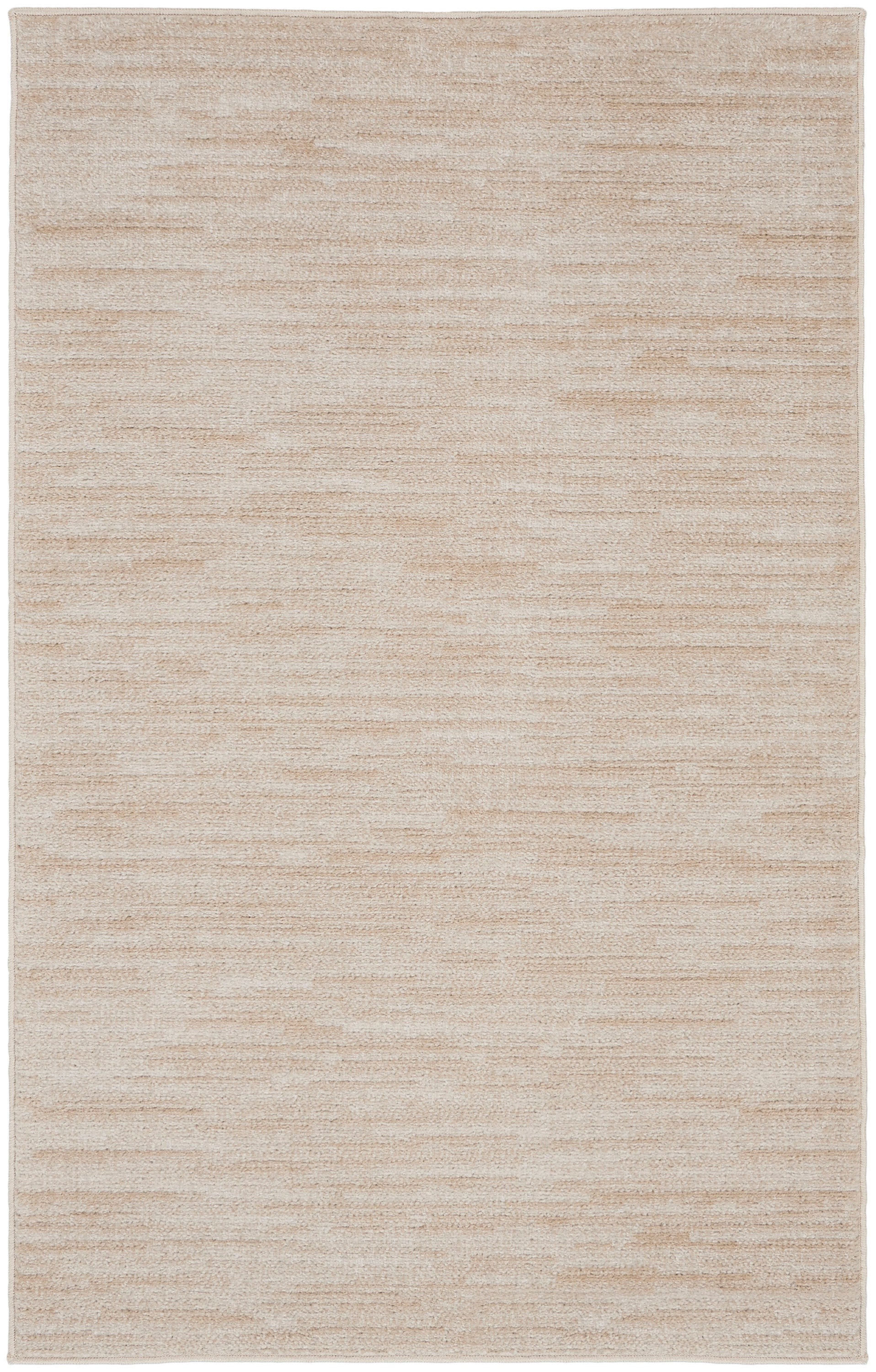 Beige outdoor rug with subtle horizontal banding and a soft woven texture; rectangular and neutral-toned.