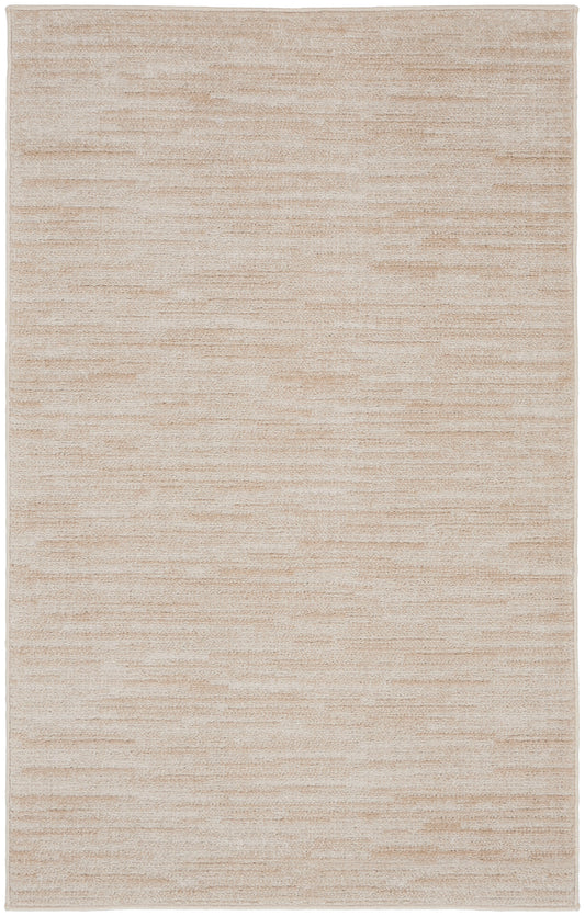 Beige outdoor rug with subtle horizontal banding and a soft woven texture; rectangular and neutral-toned.