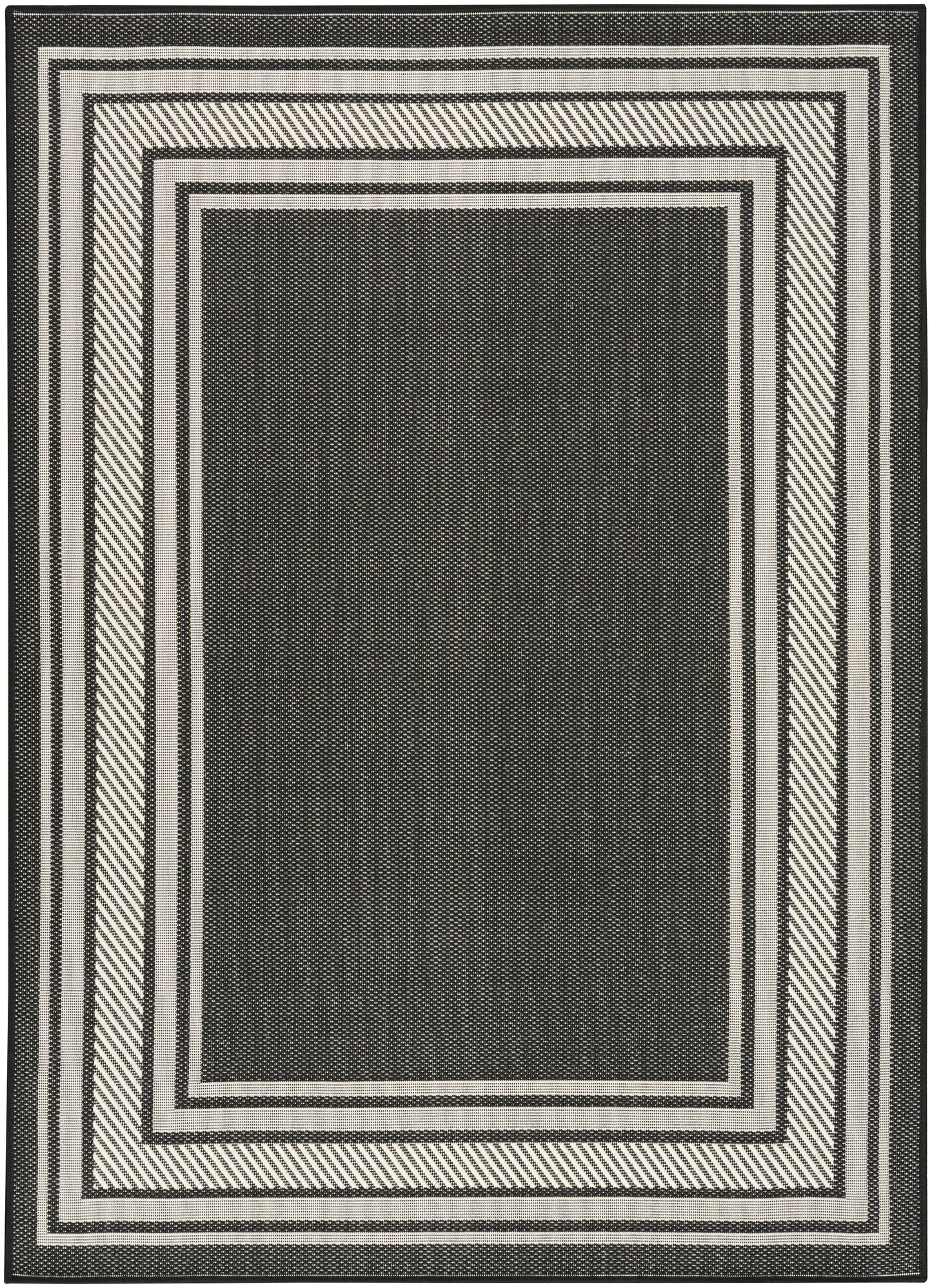 Rectangular black and white rug with layered nested borders and diagonal-striped edges; modern geometric design