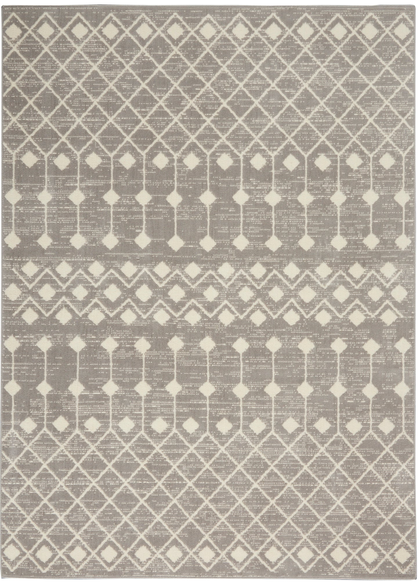 Gray woven area rug with ivory diamond lattice pattern and geometric borders for modern neutral decor.