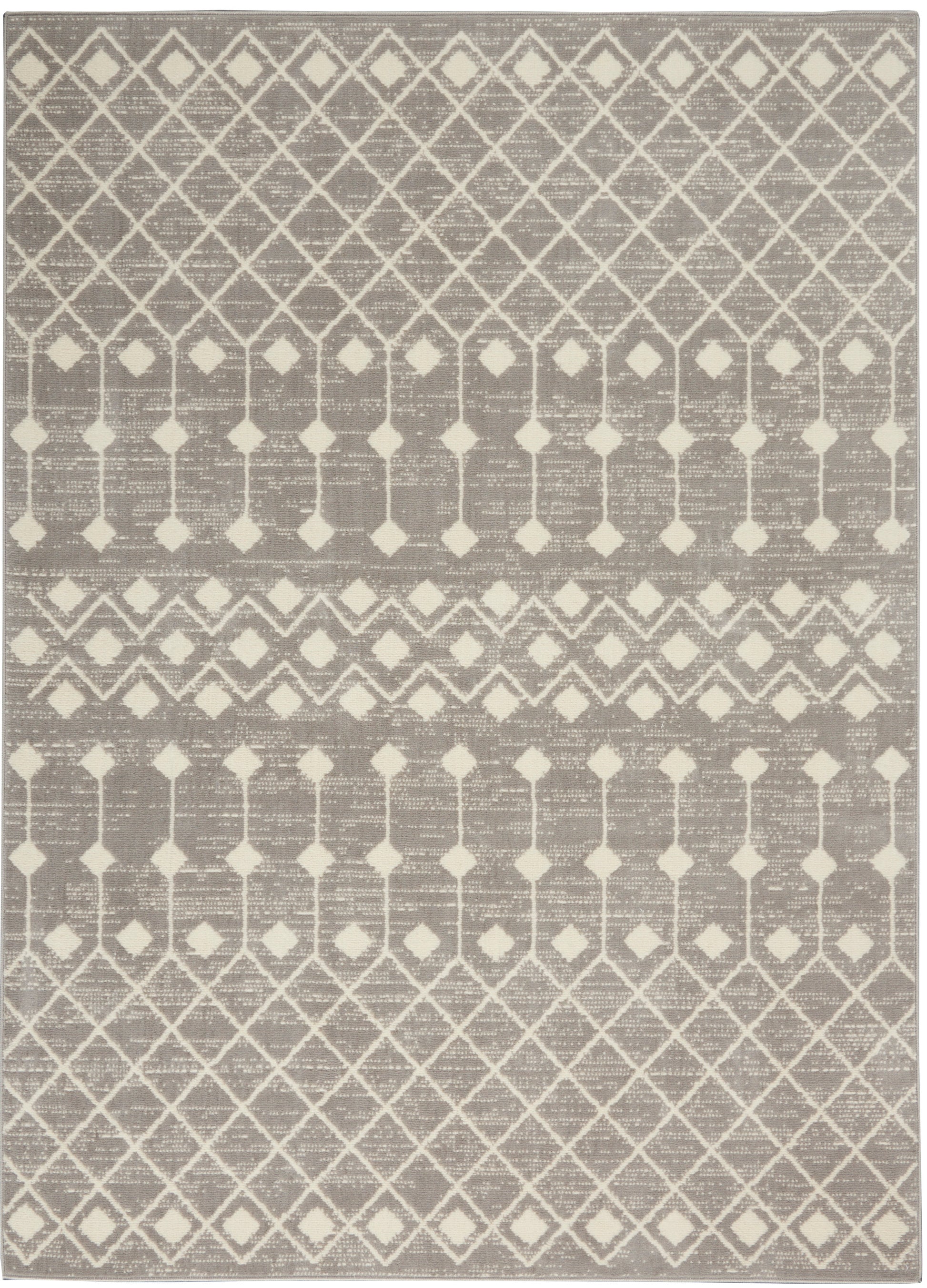 Gray woven area rug with ivory diamond lattice pattern and geometric borders for modern neutral decor.
