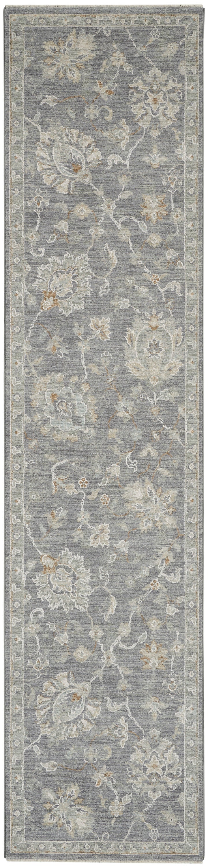Grey-blue floral rug runner with ivory border, traditional damask motif in muted tones for hallway or living space.