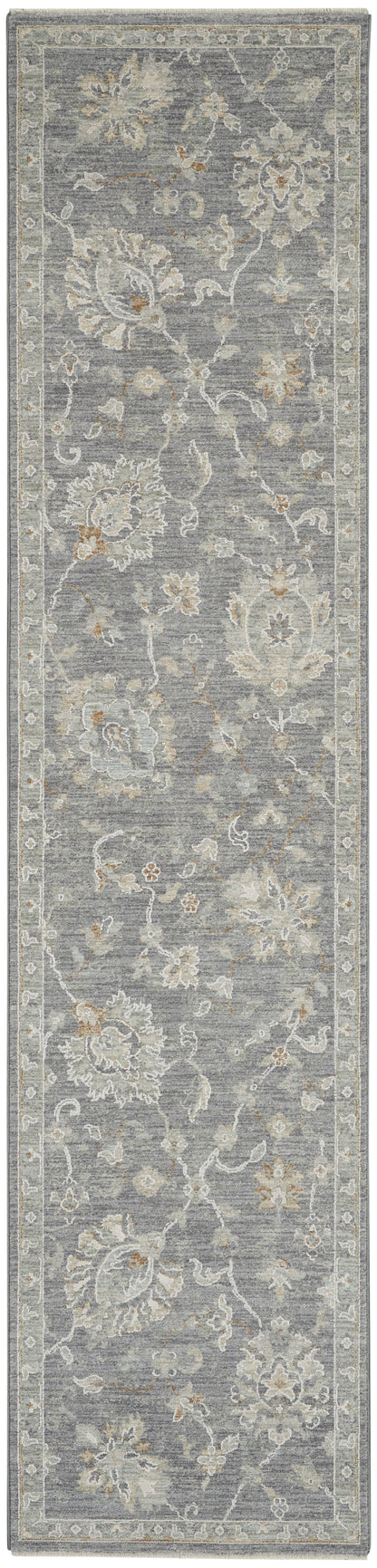 Grey-blue floral rug runner with ivory border, traditional damask motif in muted tones for hallway or living space.