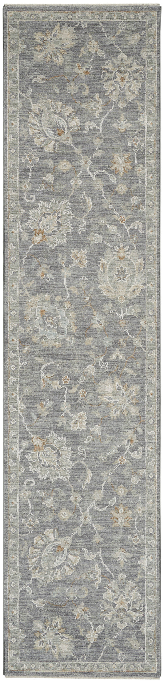 Grey-blue floral rug runner with ivory border, traditional damask motif in muted tones for hallway or living space.
